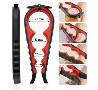 פותחן צנצנות אדום עם מידות על רקע לבן